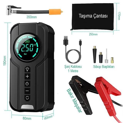PowerMaster Powerbank Araç Akü Şarj Lastik Hava Kompresörü Şişirici Taşınabilir Dijital Kablosuz El Feneri