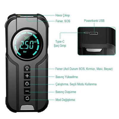 PowerMaster Powerbank Araç Akü Şarj Lastik Hava Kompresörü Şişirici Taşınabilir Dijital Kablosuz El Feneri