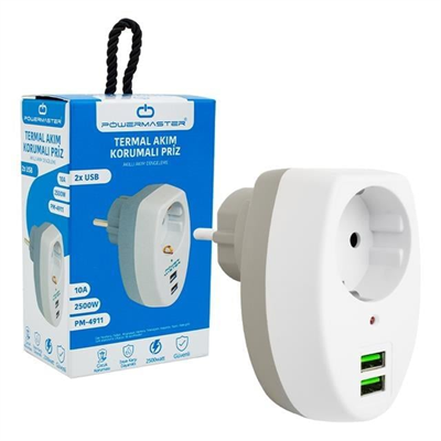 Powermaster 2 Usb Girişli Tekli Termal Priz (10A-2500W) PM-4911