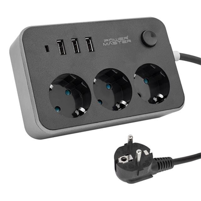 Powermaster 3 USB Çıkışlı 1.8 Metre Kablolu 3lü Akım Korumalı Priz (10A-2500 Watt) PM-17564