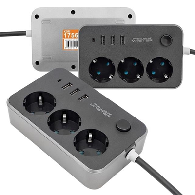 Powermaster 3 USB Çıkışlı 1.8 Metre Kablolu 3lü Akım Korumalı Priz (10A-2500 Watt) PM-17564