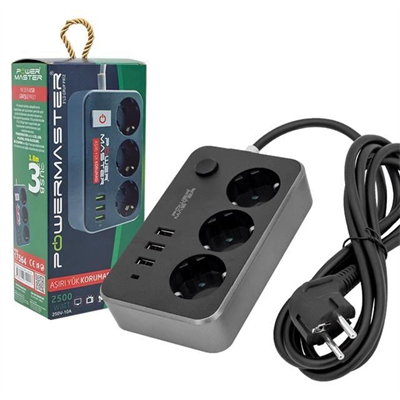 Powermaster 3 USB Çıkışlı 1.8 Metre Kablolu 3lü Akım Korumalı Priz (10A-2500 Watt) PM-17564
