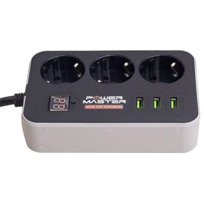 Powermaster 3 Usb Çıkışlı Dijital Ekranlı 10A-2500 W Siyah 1.8 Metre Kablolu 3lü Akım Korumalı Priz PM-18530
