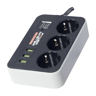 Powermaster 3 Usb Çıkışlı Dijital Ekranlı 10A-2500 W Siyah 1.8 Metre Kablolu 3lü Akım Korumalı Priz PM-18530