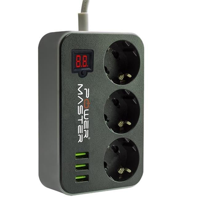 Powermaster 3 Usb Çıkışlı Dijital Ekranlı 10A-2500 W Siyah 1.8 Metre Kablolu 3lü Akım Korumalı Priz PM-18530