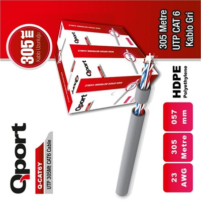 Qport Q-CAT6Y 305M UTP 23Awg PE Network Ağ Kablosu Gri