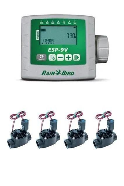 Rain Bird ESP‑9V Pilli Kontrol Ünitesi ve Solenoid Vana Seti – 4 İstasyon / 4 Vana