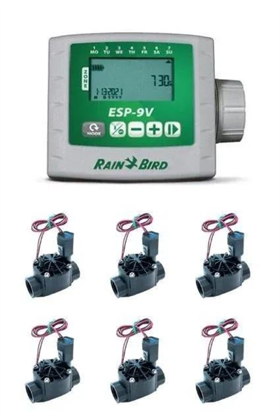 Rain Bird ESP‑9V Pilli Kontrol Ünitesi ve Solenoid Vana Seti – 6 İstasyon / 6 Vana