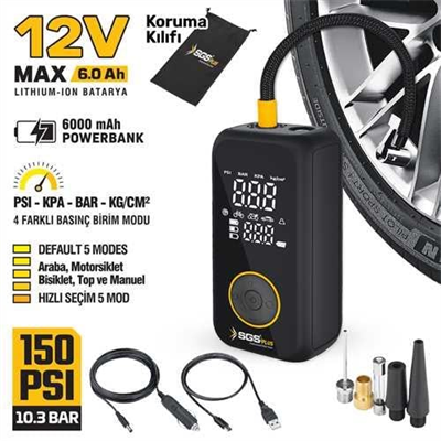 ŞARJLI HAVA KOMPRESÖRÜ DİJİTAL 12V 6.0 Ah (150 PSI)