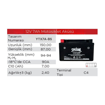 SPEEDOL SP-YTX7A-BS MOTOSIKLET AKUSU (AGM TEKNOLOJISI) 12V7AH/105CCA