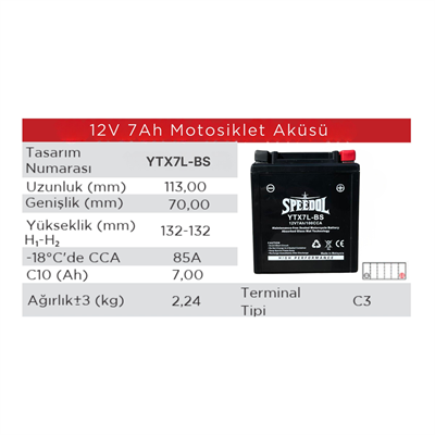 SPEEDOL SP-YTX7L-BS MOTOSIKLET AKUSU (AGM TEKNOLOJISI) 12V7AH/100CCA