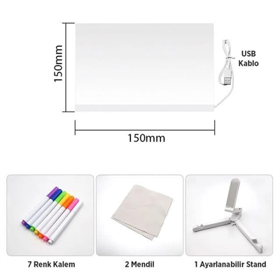 Sunup SN-27126 Dekoratif LED Aydınlatmalı Şeffaf Işıltılı Yazı - Çizim Panosu Tableti - 7 Renk Kalemli Set