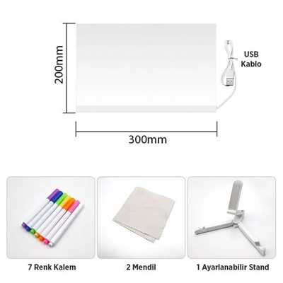 Sunup SN-27128 Dekoratif LED Aydınlatmalı Şeffaf Işıltılı Yazı - Çizim Panosu Tableti - 7 Renk Kalemli Set