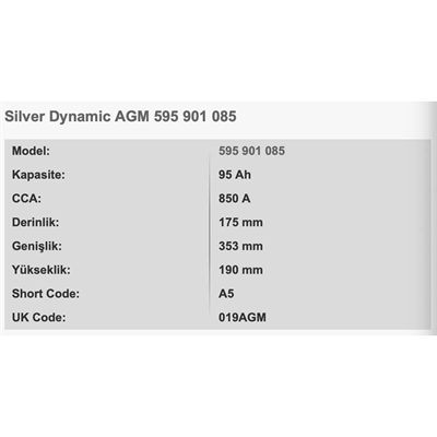 VARTA A5/G14 SILVER DYNAMIC 12V 95AH AKU Start-Stop AGM