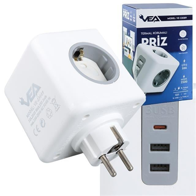 VEA VE-23089 2x USB 1x Type-C 3lü Çocuk Ve Termal Korumalı Grup Priz