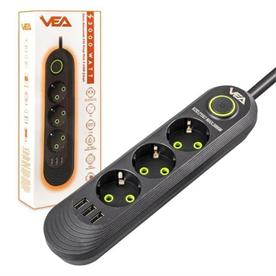 Vea VA-21557 3lü 3 USBli 1.5 Metre Akım Korumalı Priz Siyah