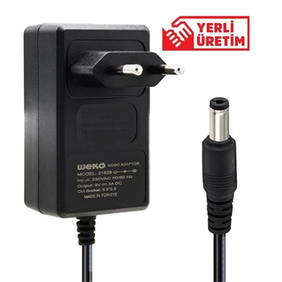 Weko 9 Volt - 3 Amper  5.5x2.5 Uçlu Priz Tipi Plastik Kasa Adaptör