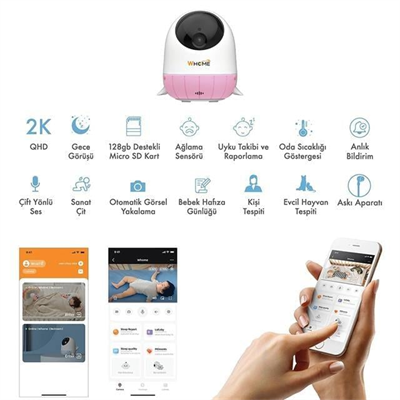 Whome Yapay Zeka Destekli 2K PTZ Gece Görüşlü Pembe Wifi Bebek Güvenlik Kamerası (128 GB TF Kart Destekli)