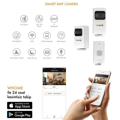 Whome Yapay Zeka Destekli 4K 8 MP Gece Görüşlü PTZ Kamera (128 GB TF Kart Destekli) WiFi