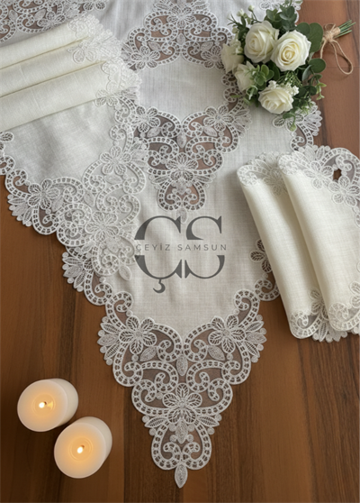 Fransız Güpürlü Salon Takımı - 5 Parça Set - Krem Güpür & Kumaş