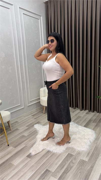 CURVE SHINE PRESS TAŞLI MİDİ KOT ETEK
