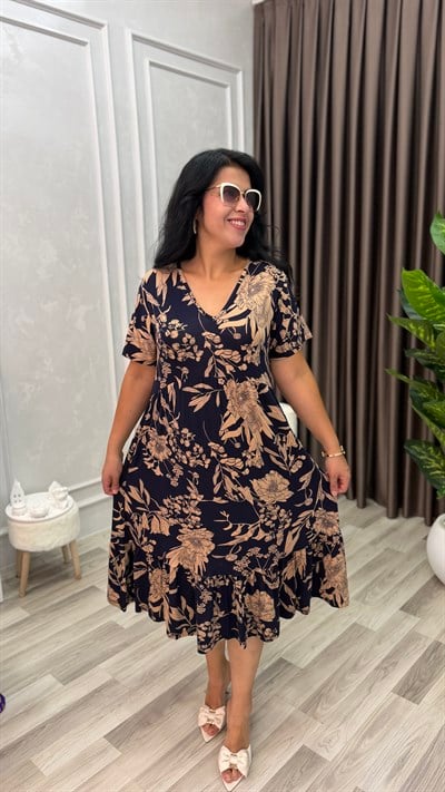 FLORA CHIC ELBİSE LACİVERT ZEMİN KREM DESEN