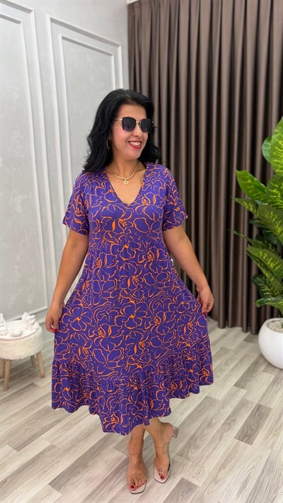 FLORA CHIC ELBİSE MOR ZEMİN TURUNCU ÇİÇEK DESEN