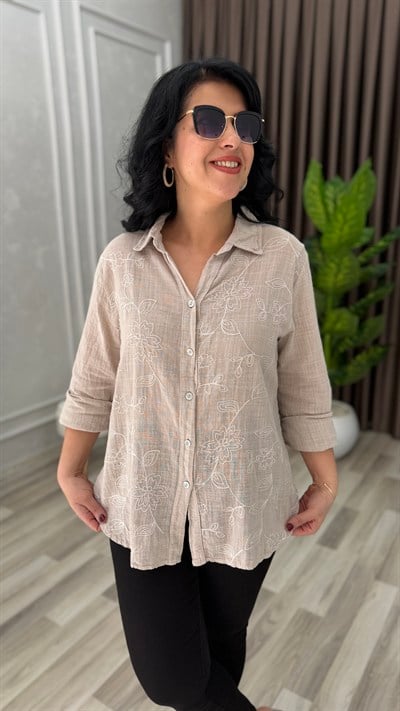 İTALYAN MODELNAKIŞLI KETEN GÖMLEK BEJ