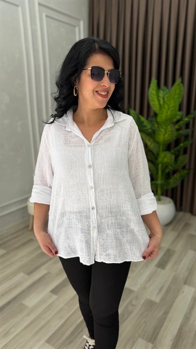 İTALYAN MODELNAKIŞLI KETEN GÖMLEK BEYAZ