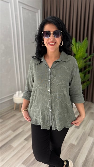 İTALYAN MODELNAKIŞLI KETEN GÖMLEK HAKİ YEŞİLİ