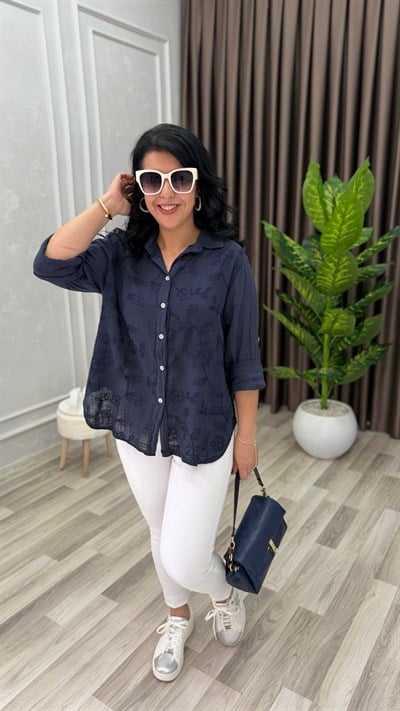 İTALYAN MODELNAKIŞLI KETEN GÖMLEK LACİVERT