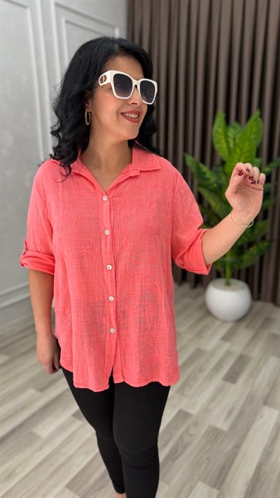 İTALYAN MODELNAKIŞLI KETEN GÖMLEK NAR ÇİÇEĞİ