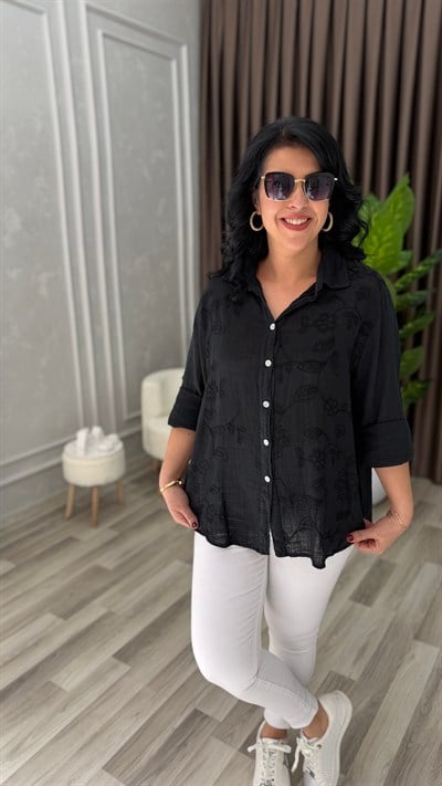 İTALYAN MODELNAKIŞLI KETEN GÖMLEK SİYAH