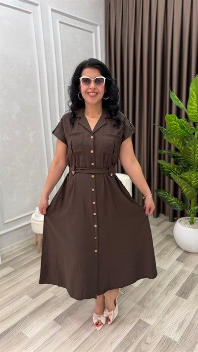 PLUS STYLE KETEN ELBİSE KAHVERENGİ