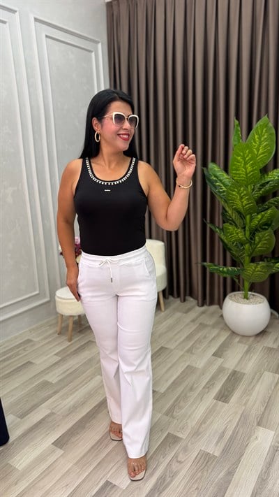 SHINE UP PALAZZO MODEL KETEN PANTOLON BEYAZ