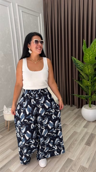 SOFT LINE PAMUK DOKUMA PANTOLON LACİVERT ZEMİN BEYAZ GRİ FIRÇA DESEN