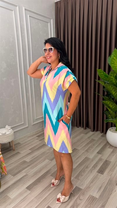 SUMMER BLOOM ELBİSE PUDRA MOR ZİGZAG DESEN