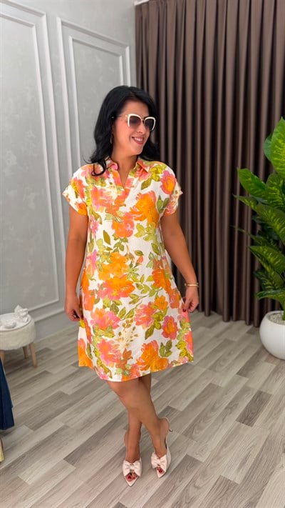SUMMER BLOOM ELBİSE TURUNCU YEŞİL YAPRAK DESEN