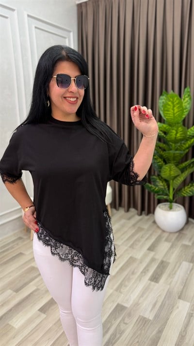 TIMELESS DANTEL DETAYLI ASİMETRİK TSHIRT SİYAH
