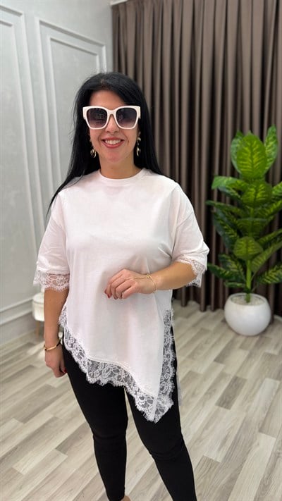 TIMELESS DANTEL DETAYLI ASİMETRİK TSHIRT BEYAZ