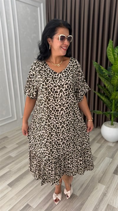 TOSCANA PAMUK DOKUMA ELBİSE AÇIK LEOPAR DESEN