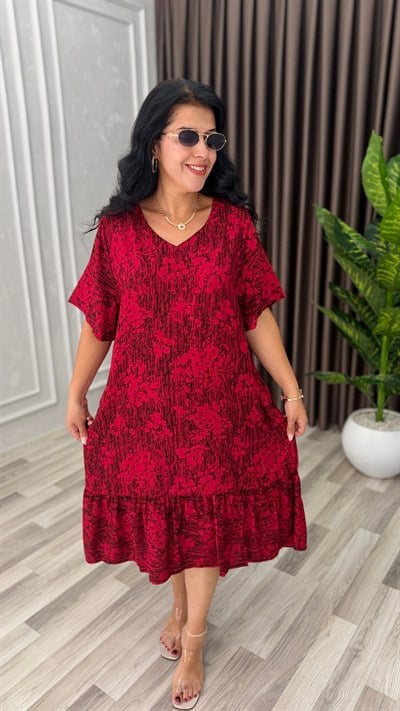 TOSCANA PAMUK DOKUMA ELBİSE ESKİTME DESEN KIRMIZI
