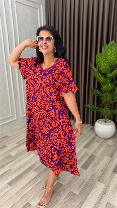 TOSCANA PAMUK DOKUMA ELBİSE MOR ZEMİN TURUNCU OTANTİK DESEN