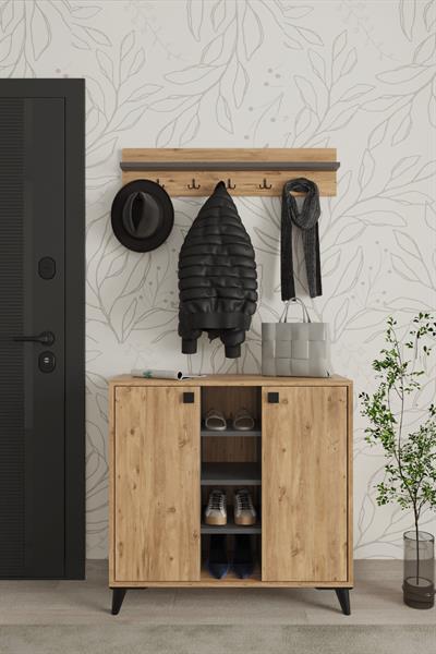 Akasya 2 Kapaklı Ayakkabılık Vestiyer Portmanto Askılık 90 cm - Atlantik Çam & Antrasit