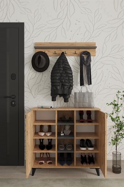 Akasya 2 Kapaklı Ayakkabılık Vestiyer Portmanto Askılık 90 cm - Atlantik Çam & Antrasit