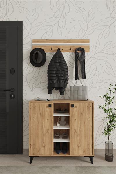 Akasya 2 Kapaklı Ayakkabılık Vestiyer Portmanto Askılık 90 cm - Atlantik Çam & Beyaz