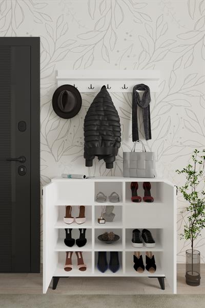 Akasya 2 Kapaklı Ayakkabılık Vestiyer Portmanto Askılık 90 cm - Beyaz