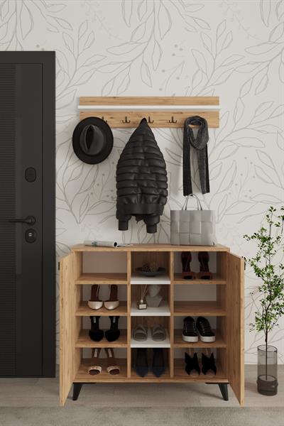Akasya 2 Kapaklı Ayakkabılık Vestiyer Portmanto Askılık 90 cm - Atlantik Çam & Beyaz