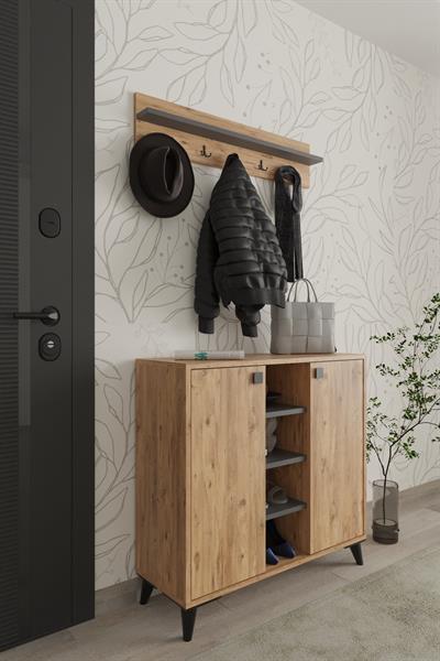 Akasya 2 Kapaklı Ayakkabılık Vestiyer Portmanto Askılık 90 cm - Atlantik Çam & Antrasit