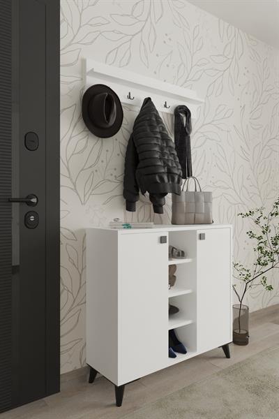 Akasya 2 Kapaklı Ayakkabılık Vestiyer Portmanto Askılık 90 cm - Beyaz